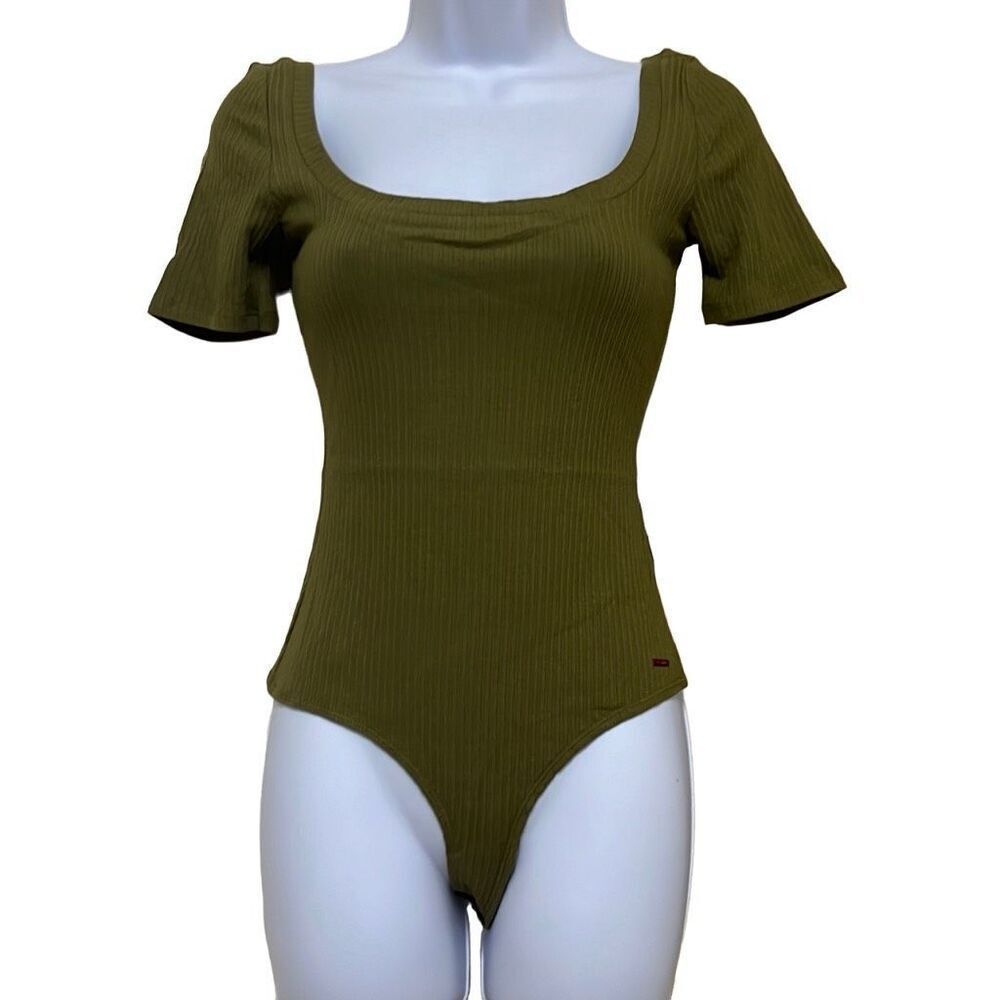 Revolve n:Philanthropy Ribbed Bodysuit Olive‎ Green Square Neck Thong NWT Small